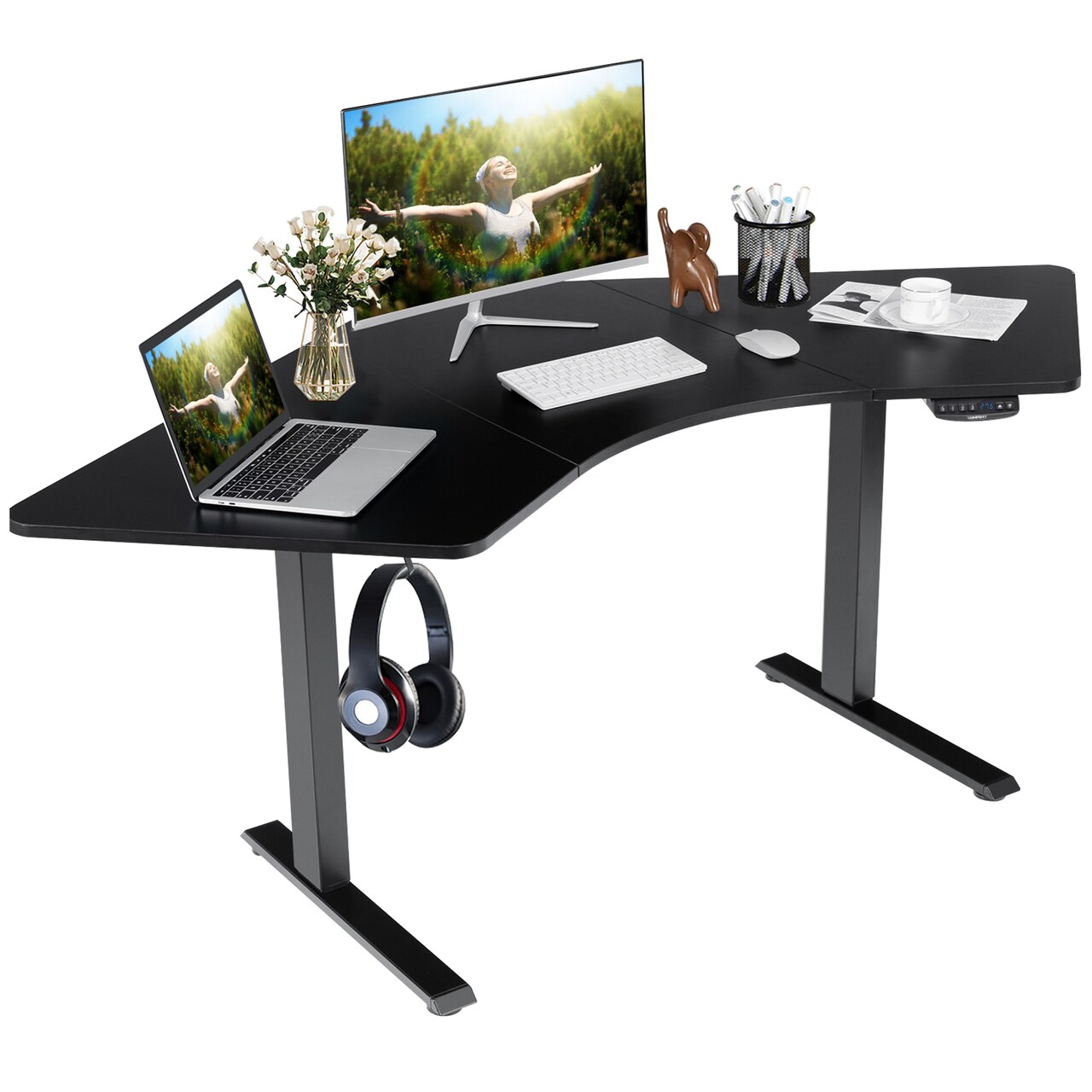 Costway Dual-motor L Shaped Standing Desk Ergonomic Sit Stand Computer Workstation Touch Control Panel Electric Height-adjustable Desk Home Office